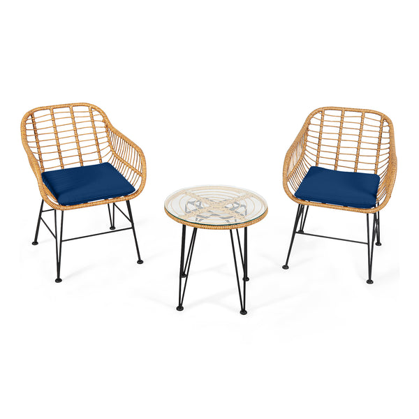 Premium wicker ensures high resistance to weather/sunlight/water<br>Heavy-duty steel frame with rust-resistant powder coated surface<br>High density sponge padded cushions provide great comfort<br>Tempered glass tabletop to place small decor  snacks and d