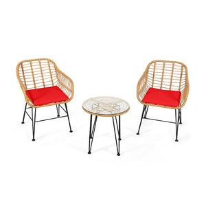 Premium wicker ensures high resistance to weather/sunlight/water<br>Heavy-duty steel frame with rust-resistant powder coated surface<br>High density sponge padded cushions provide great comfort<br>Tempered glass tabletop to place small decor  snacks and d
