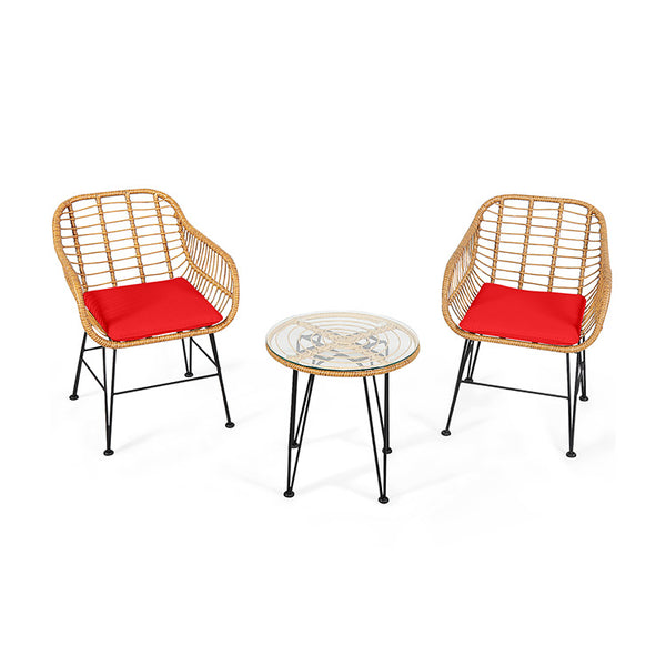 Premium wicker ensures high resistance to weather/sunlight/water<br>Heavy-duty steel frame with rust-resistant powder coated surface<br>High density sponge padded cushions provide great comfort<br>Tempered glass tabletop to place small decor  snacks and d