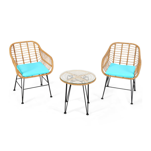 Premium wicker ensures high resistance to weather/sunlight/water<br>Heavy-duty steel frame with rust-resistant powder coated surface<br>High density sponge padded cushions provide great comfort<br>Tempered glass tabletop to place small decor  snacks and d
