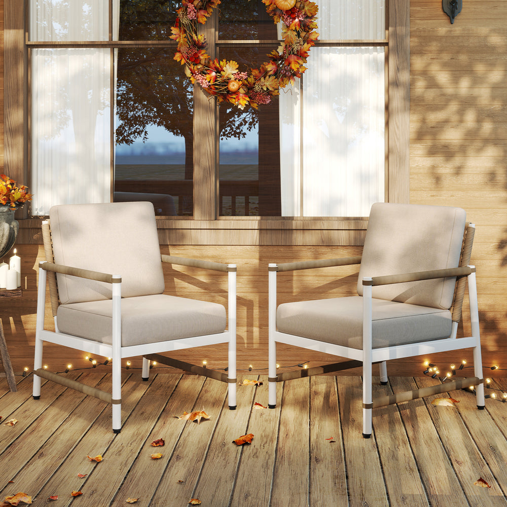Reinforced aluminum frames for durability  rust-resistance and lighter weight<br>Stylish and cozy sofa chairs with comfortable armrests<br>Round PE rattan backrest improves the look of your outdoor area<br>Soft cushions with high-density sponge for more c