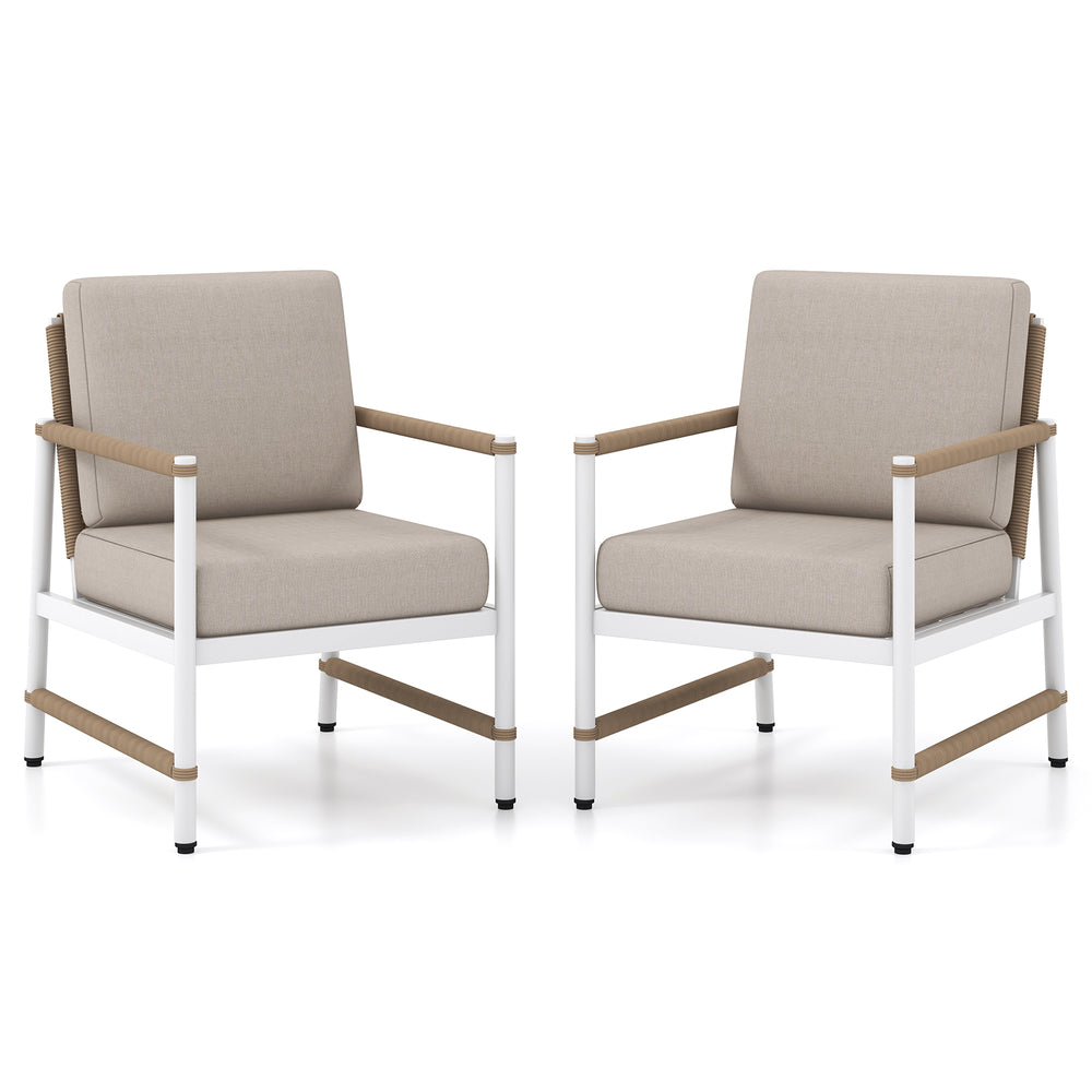 Reinforced aluminum frames for durability  rust-resistance and lighter weight<br>Stylish and cozy sofa chairs with comfortable armrests<br>Round PE rattan backrest improves the look of your outdoor area<br>Soft cushions with high-density sponge for more c
