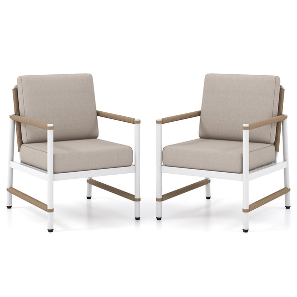 Reinforced aluminum frames for durability  rust-resistance and lighter weight<br>Stylish and cozy sofa chairs with comfortable armrests<br>Round PE rattan backrest improves the look of your outdoor area<br>Soft cushions with high-density sponge for more c