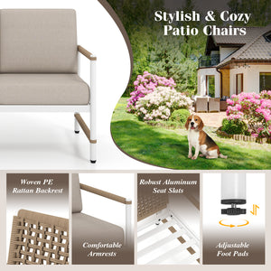 Reinforced aluminum frames for durability  rust-resistance and lighter weight<br>Stylish and cozy sofa chairs with comfortable armrests<br>Round PE rattan backrest improves the look of your outdoor area<br>Soft cushions with high-density sponge for more c