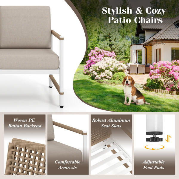 Reinforced aluminum frames for durability  rust-resistance and lighter weight<br>Stylish and cozy sofa chairs with comfortable armrests<br>Round PE rattan backrest improves the look of your outdoor area<br>Soft cushions with high-density sponge for more c