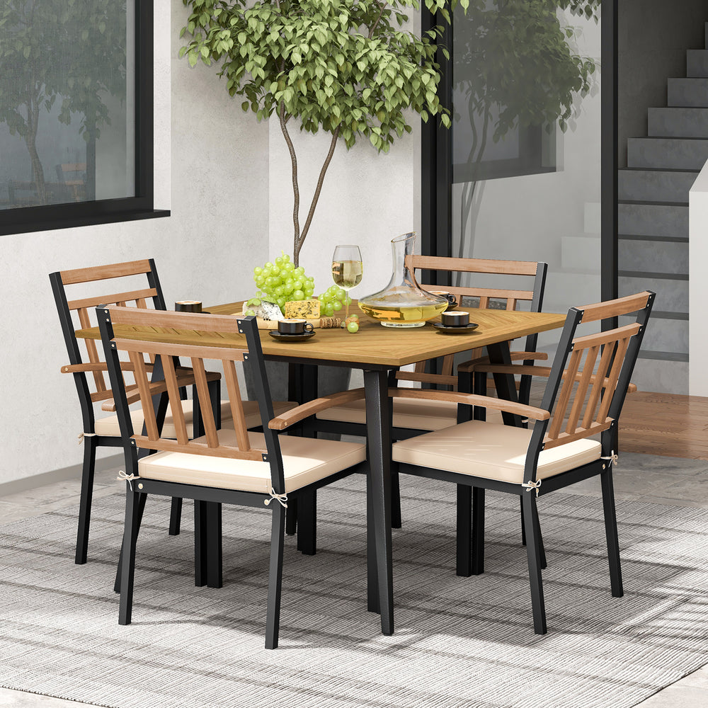 Hold up to 400 lbs for each chair and 165 lbs for the table with sturdy metal frame<br>High-quality acacia wood for additional durability and natural beauty<br>Accommodate different items with a 42.5â€ square tabletop <br>Ready for shade thanks to the 1.