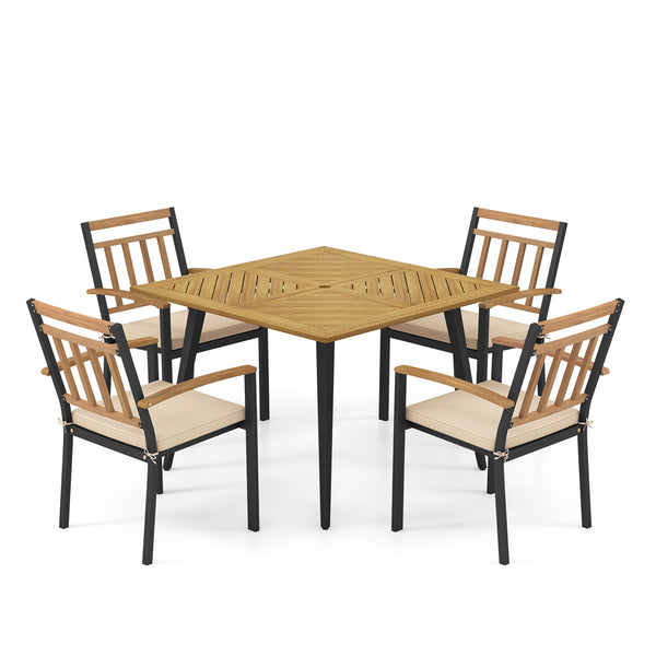 Hold up to 400 lbs for each chair and 165 lbs for the table with sturdy metal frame<br>High-quality acacia wood for additional durability and natural beauty<br>Accommodate different items with a 42.5â€ square tabletop <br>Ready for shade thanks to the 1.