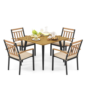 Hold up to 400 lbs for each chair and 165 lbs for the table with sturdy metal frame<br>High-quality acacia wood for additional durability and natural beauty<br>Accommodate different items with a 42.5â€ square tabletop <br>Ready for shade thanks to the 1.