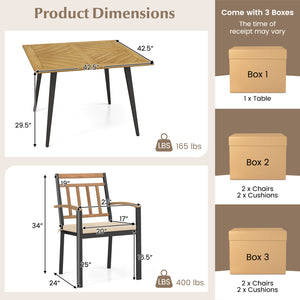 Hold up to 400 lbs for each chair and 165 lbs for the table with sturdy metal frame<br>High-quality acacia wood for additional durability and natural beauty<br>Accommodate different items with a 42.5â€ square tabletop <br>Ready for shade thanks to the 1.