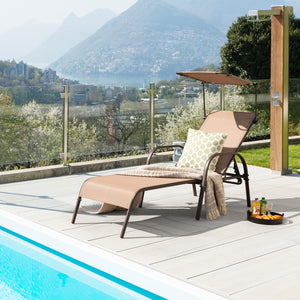 5-level adjustable backrest meets your different needs<br>Sunproof and built-to-last canopy makes you relax in the sunshade<br>Rotary hidden cupholder makes it easy to take drinks<br>High stability with heavy-duty and rustproof metal frame<br>Anti-slip fo