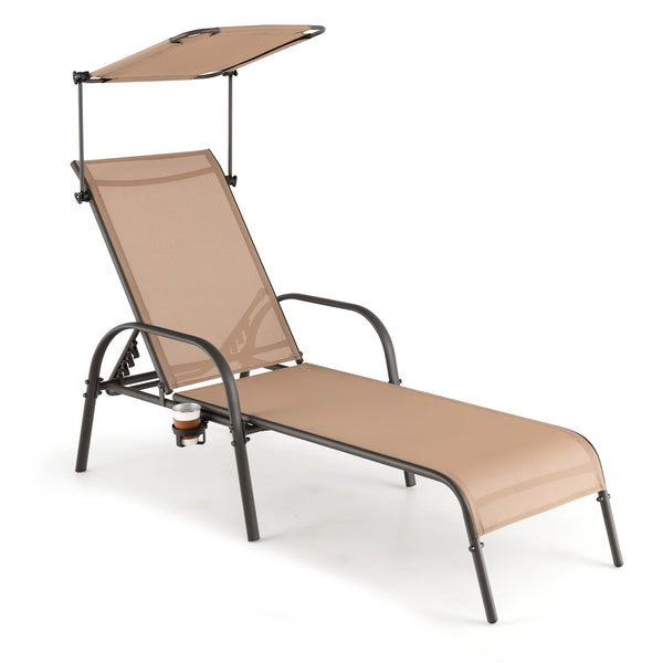 5-level adjustable backrest meets your different needs<br>Sunproof and built-to-last canopy makes you relax in the sunshade<br>Rotary hidden cupholder makes it easy to take drinks<br>High stability with heavy-duty and rustproof metal frame<br>Anti-slip fo