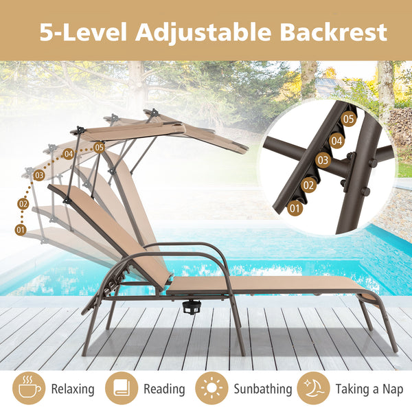 5-level adjustable backrest meets your different needs<br>Sunproof and built-to-last canopy makes you relax in the sunshade<br>Rotary hidden cupholder makes it easy to take drinks<br>High stability with heavy-duty and rustproof metal frame<br>Anti-slip fo