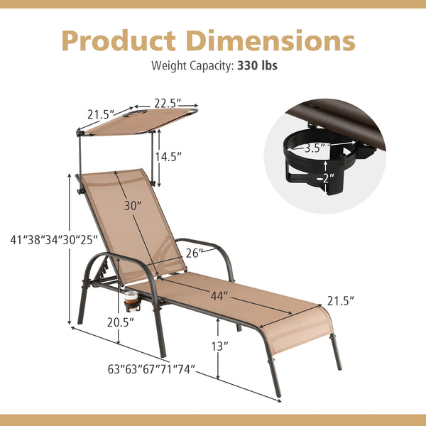 5-level adjustable backrest meets your different needs<br>Sunproof and built-to-last canopy makes you relax in the sunshade<br>Rotary hidden cupholder makes it easy to take drinks<br>High stability with heavy-duty and rustproof metal frame<br>Anti-slip fo