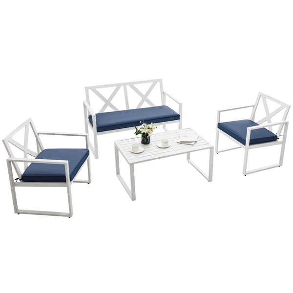 Premium steel frame with rustproof finish for longer outdoor use<br>1 side table  1 loveseat and 2 single chairs for free combination<br>Sturdy structure and non-slip foot pads for added stability<br>Ergonomic backrest & armrests to relieve your fatigue i