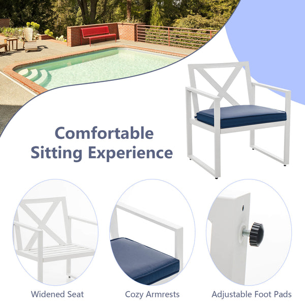 Premium steel frame with rustproof finish for longer outdoor use<br>1 side table  1 loveseat and 2 single chairs for free combination<br>Sturdy structure and non-slip foot pads for added stability<br>Ergonomic backrest & armrests to relieve your fatigue i