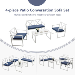 Premium steel frame with rustproof finish for longer outdoor use<br>1 side table  1 loveseat and 2 single chairs for free combination<br>Sturdy structure and non-slip foot pads for added stability<br>Ergonomic backrest & armrests to relieve your fatigue i