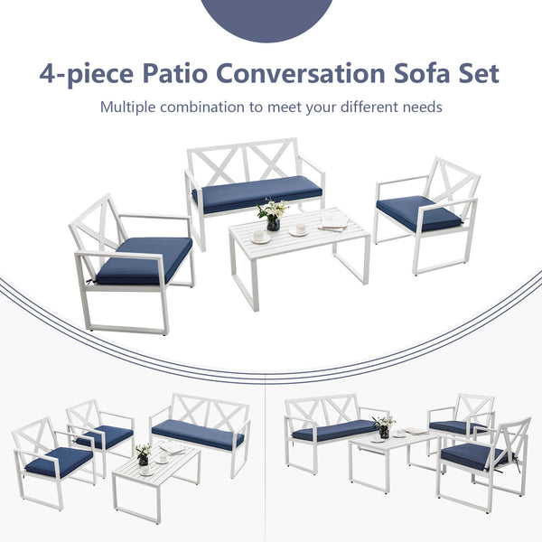 Premium steel frame with rustproof finish for longer outdoor use<br>1 side table  1 loveseat and 2 single chairs for free combination<br>Sturdy structure and non-slip foot pads for added stability<br>Ergonomic backrest & armrests to relieve your fatigue i
