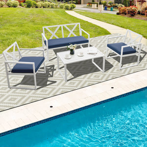 Premium steel frame with rustproof finish for longer outdoor use<br>1 side table  1 loveseat and 2 single chairs for free combination<br>Sturdy structure and non-slip foot pads for added stability<br>Ergonomic backrest & armrests to relieve your fatigue i