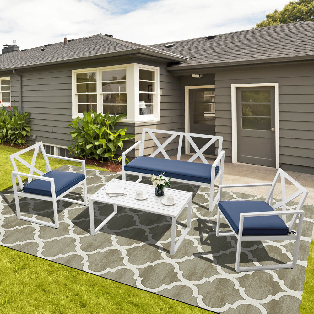 Premium steel frame with rustproof finish for longer outdoor use<br>1 side table  1 loveseat and 2 single chairs for free combination<br>Sturdy structure and non-slip foot pads for added stability<br>Ergonomic backrest & armrests to relieve your fatigue i