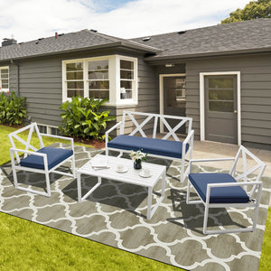 Premium steel frame with rustproof finish for longer outdoor use<br>1 side table  1 loveseat and 2 single chairs for free combination<br>Sturdy structure and non-slip foot pads for added stability<br>Ergonomic backrest & armrests to relieve your fatigue i