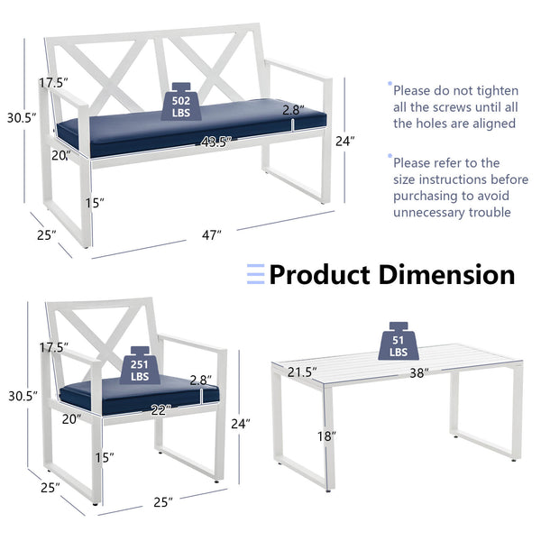 Premium steel frame with rustproof finish for longer outdoor use<br>1 side table  1 loveseat and 2 single chairs for free combination<br>Sturdy structure and non-slip foot pads for added stability<br>Ergonomic backrest & armrests to relieve your fatigue i