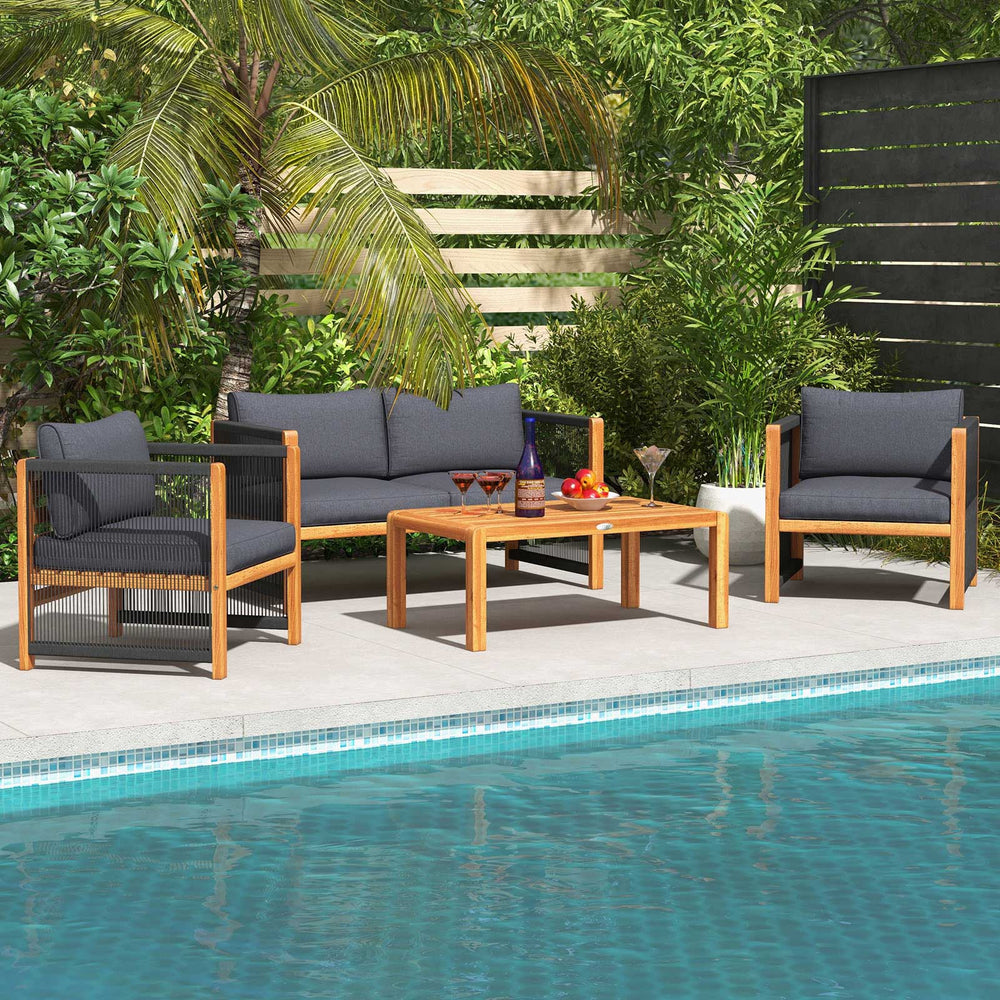 Solid and hard wooden frame enhances sturdiness of the set. <br>Rearrangeable in various configurations to meet your varying needs <br>Thick and soft cushions provide an excellent comfort. <br>Elegant and tight nylon rope decorated armrest. <br>Zipper int