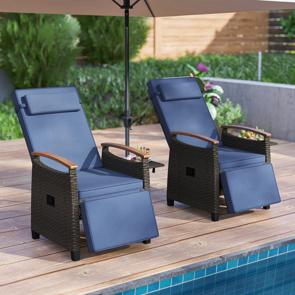 Please avoid rain exposure for prolonged service life<br>A protective cover is recommended but not included<br>150Â° adjustment of backrest and footrest meet different demands<br>Stable linkage device ensures safe adjustment<br>PE rattan surface for long-