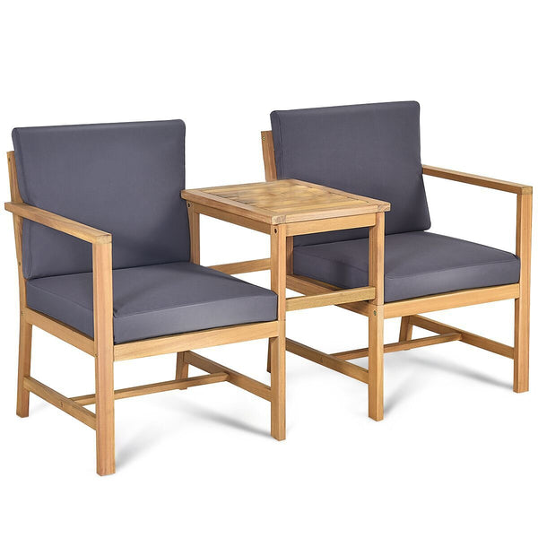 Are you in search of an outdoor furniture set to enjoy leisure time with your family and friends? This functional loveseat is the answer for you then. Â  Made of premium acacia wood  this set is sturdy and durable. Itâ€™s shipped with a thick seat and bac