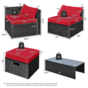 8-piece seat for more creative combinations<br>All weather PE rattan and rustproof steel frame for long time outdoor use<br>Sturdier and safer to use with high quality tempered glass tabletop<br>Soft and thick cushions for ultimate coziness<br>Hold the ot