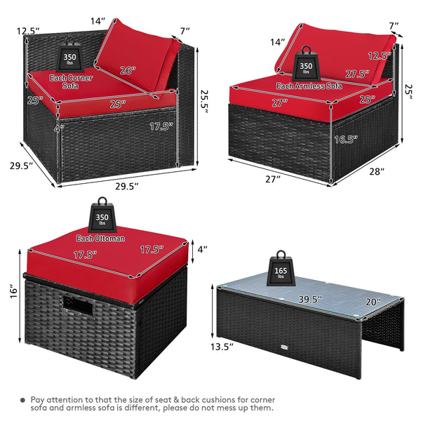 8-piece seat for more creative combinations<br>All weather PE rattan and rustproof steel frame for long time outdoor use<br>Sturdier and safer to use with high quality tempered glass tabletop<br>Soft and thick cushions for ultimate coziness<br>Hold the ot