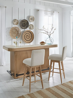 Escape - Dining 78" Bar with 2 upholstered swivel barstools