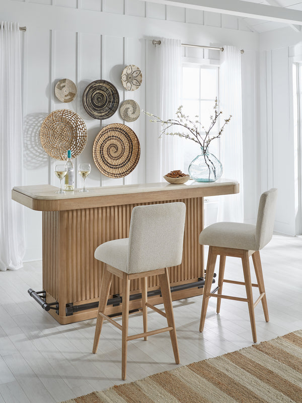 Escape - Dining 78" Bar with 2 upholstered swivel barstools