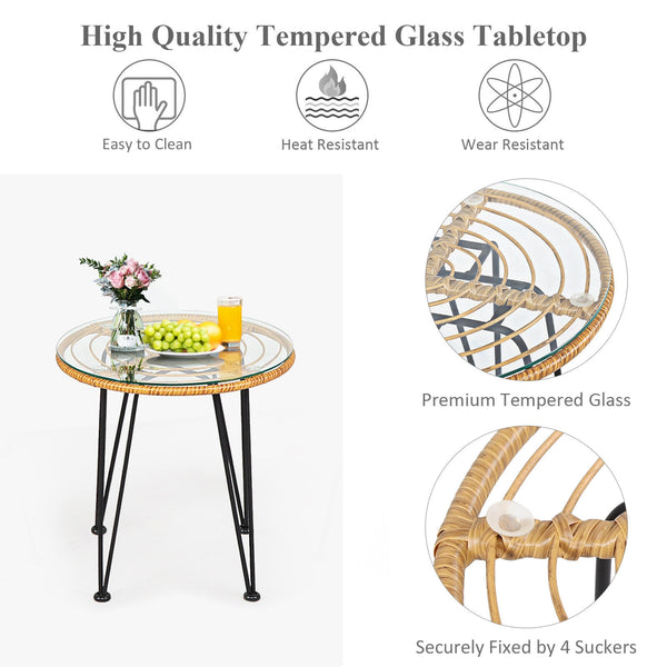 Premium wicker ensures high resistance to weather/sunlight/water<br>Heavy-duty steel frame with rust-resistant powder coated surface<br>High density sponge padded cushions provide great comfort<br>Tempered glass tabletop to place small decor  snacks and d