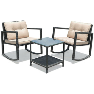 Including 1 table with tempered glass top and 2 rocking chairs <br>Sturdy and heavy steel frame ensures large weight capacity <br>High-quality PE wicker can withstand the moderate change in weather <br>Slightly sloping back and seat of the rocking chair o