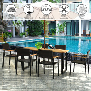 Table made of premium acacia wood and steel frame  sturdy and durable <br>Unique leg structure offers powerful support and stability <br>Weather-resistant and waterproof rattan chairs  easy to clean <br>Wide armrest of acacia wood top for extra comfort <b