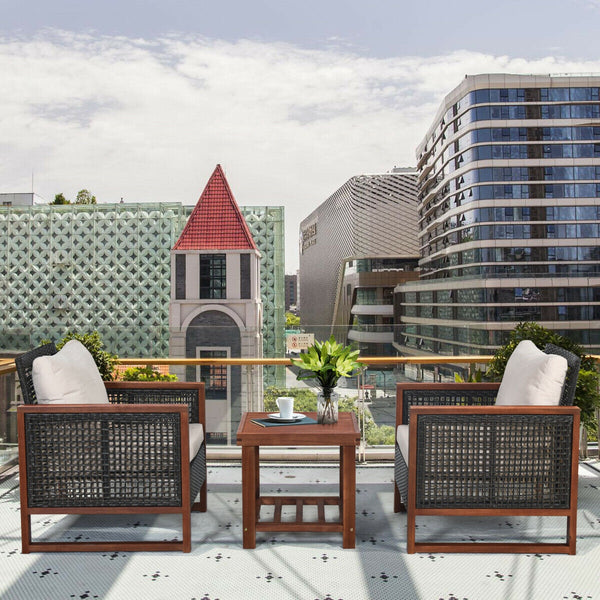 Please avoid rain exposure for longer serving time.<br>Package includes 2 sofas  1 table  2 seat cushions  2 back cushions and instruction<br>Made of all-weather rattan  sturdy and durable<br>Acacia wood frame and unique base provide powerful support<br>A