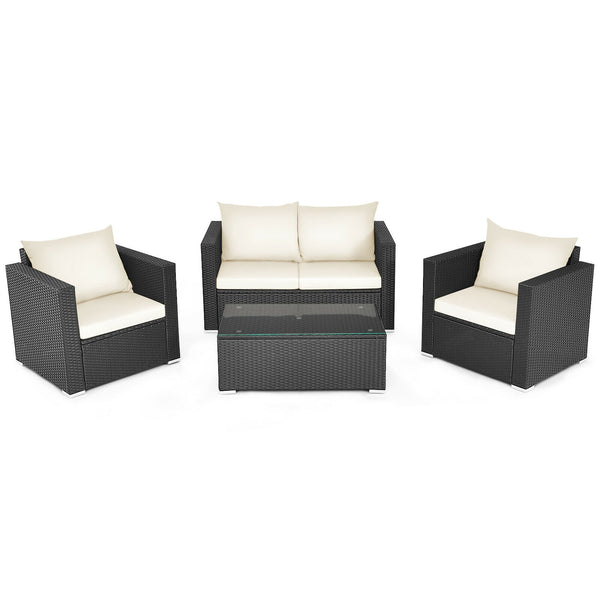 Including 1 x Table  2 x Single sofa  1 x Loveseat  4 x Seat cushion  4 x Back cushion  1 x Instruction<br>Stable steel frame can ensure a high-weight capacity<br>Weather-resistant PE rattan is durable enough for a long lifespan<br>Table and sofas come up