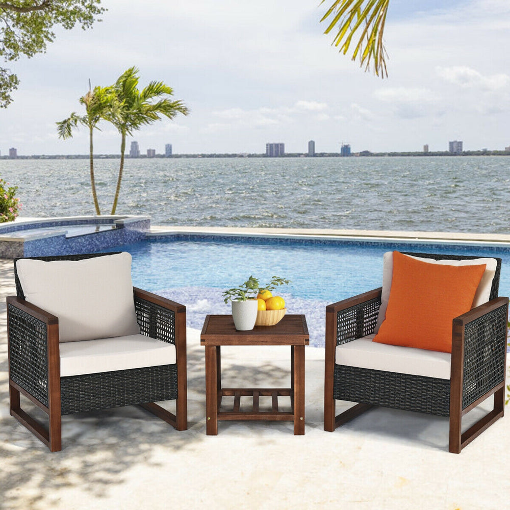Please avoid rain exposure for longer serving time.<br>Package includes 2 sofas  1 table  2 seat cushions  2 back cushions and instruction<br>Made of all-weather rattan  sturdy and durable<br>Acacia wood frame and unique base provide powerful support<br>A