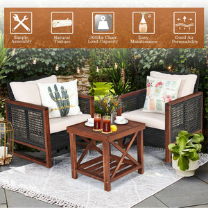 Please avoid rain exposure for longer serving time.<br>Package includes 2 sofas  1 table  2 seat cushions  2 back cushions and instruction<br>Made of all-weather rattan  sturdy and durable<br>Acacia wood frame and unique base provide powerful support<br>A