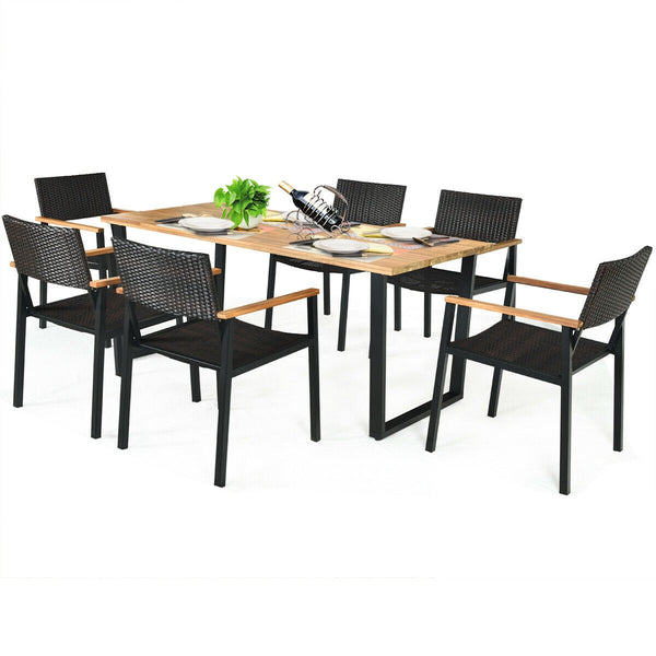 Table made of premium acacia wood and steel frame  sturdy and durable <br>Unique leg structure offers powerful support and stability <br>Weather-resistant and waterproof rattan chairs  easy to clean <br>Wide armrest of acacia wood top for extra comfort <b