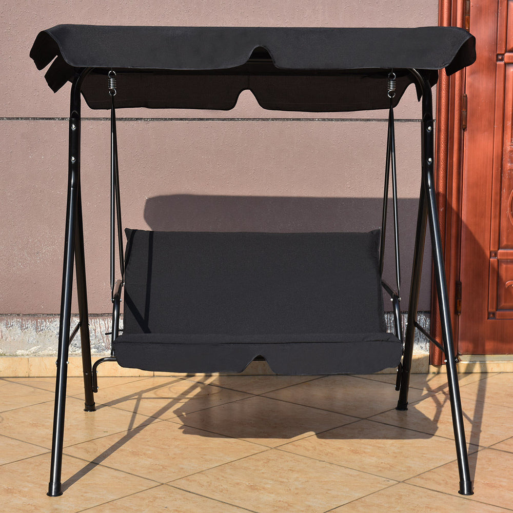 Brand New And High Quality<br>Outdoor Loveseat Swing Chair<br>Providing Two Comfortable Seats<br>With A Waterproof Top Canopy  Protecting You From Ultraviolet Ray And Drizzle<br>Black Steel Frame  Durable And Sturdy<br>With Seat And Back Cushion Add Comfo
