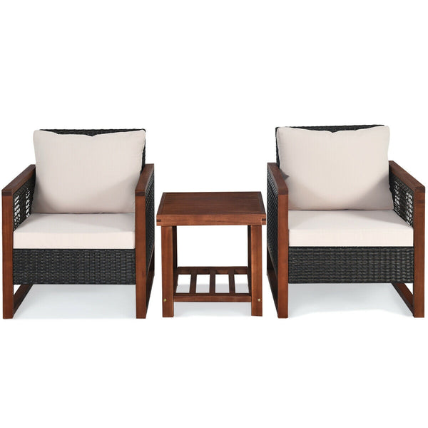 Please avoid rain exposure for longer serving time.<br>Package includes 2 sofas  1 table  2 seat cushions  2 back cushions and instruction<br>Made of all-weather rattan  sturdy and durable<br>Acacia wood frame and unique base provide powerful support<br>A