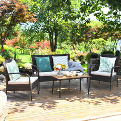 Heavy-duty steel frame ensures sturdiness<br>Wrapped with weather-resistant rattan for long life time<br>Solid acacia wood tabletop provide superior durable<br>Anti-slip footpads prevent floor scratching<br>Ergonomic design of sofa provides ultimate comfo