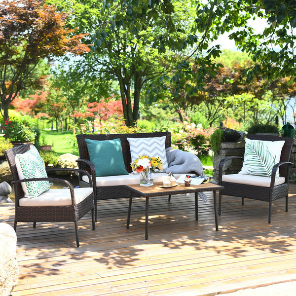 Heavy-duty steel frame ensures sturdiness<br>Wrapped with weather-resistant rattan for long life time<br>Solid acacia wood tabletop provide superior durable<br>Anti-slip footpads prevent floor scratching<br>Ergonomic design of sofa provides ultimate comfo