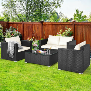 Including 1 x Table  2 x Single sofa  1 x Loveseat  4 x Seat cushion  4 x Back cushion  1 x Instruction<br>Stable steel frame can ensure a high-weight capacity<br>Weather-resistant PE rattan is durable enough for a long lifespan<br>Table and sofas come up