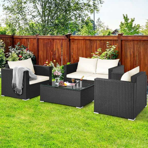 Including 1 x Table  2 x Single sofa  1 x Loveseat  4 x Seat cushion  4 x Back cushion  1 x Instruction<br>Stable steel frame can ensure a high-weight capacity<br>Weather-resistant PE rattan is durable enough for a long lifespan<br>Table and sofas come up