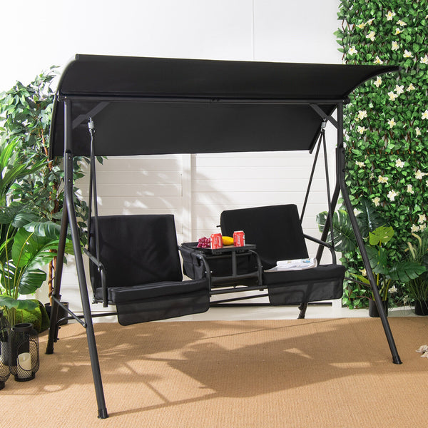 Simple assembly required.<br>Double the happiness with 2-seat design<br>Reinforced structure with anti-slip feet provide excellent stability<br>High density back and seat cushions with straps for better support<br>The heavy-duty spring hooks ensure smooth
