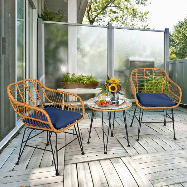 Premium wicker ensures high resistance to weather/sunlight/water<br>Heavy-duty steel frame with rust-resistant powder coated surface<br>High density sponge padded cushions provide great comfort<br>Tempered glass tabletop to place small decor  snacks and d