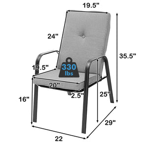 These four comfortable patio dining chairs will be fabulous additions to your outdoor relaxing space. Â  With high backrests and curved armrests  the ergonomic chairs will provide you with pleasant sitting experience. The non-slip high-back cushions with 