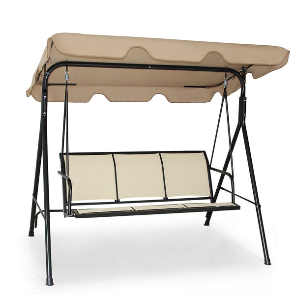 Able to comfortably sit and swing 3 people independently <br>Made of a high quality  weather-resistant steel frame with wide  sturdybase <br>Adjustable canopy design for optimal shade coverage and rain protection <br>Comfortable angle and well-ventilated 